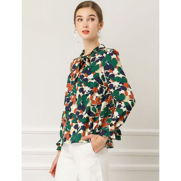 Floral Tie V Neck Blouse Chiffon Ruffle Trumpet Top Green - Picture 4 of 6